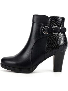 Size 8W Black Serpentine Chunky Heel Ankle Side Zip Buckle Booties NIB